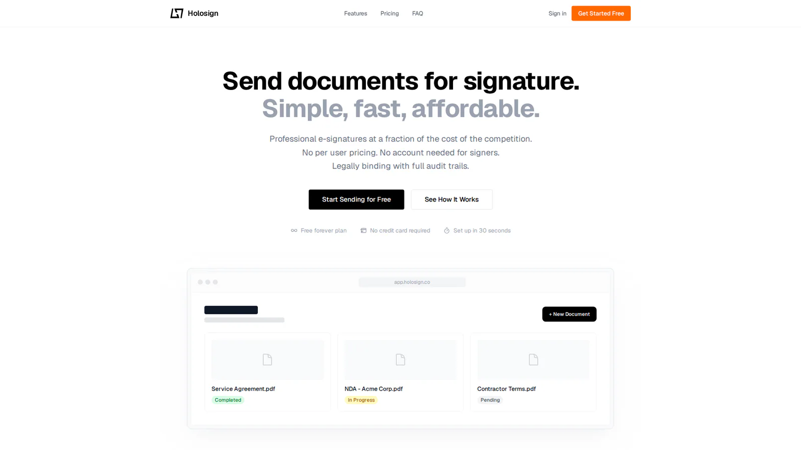 Holosign product screenshot showing document signing interface