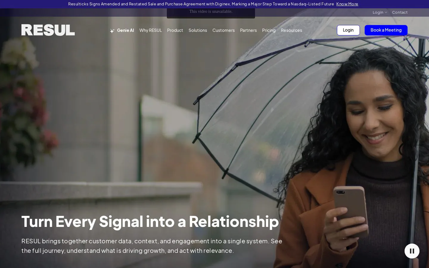 Resul product screenshot showing woman with umbrella using phone