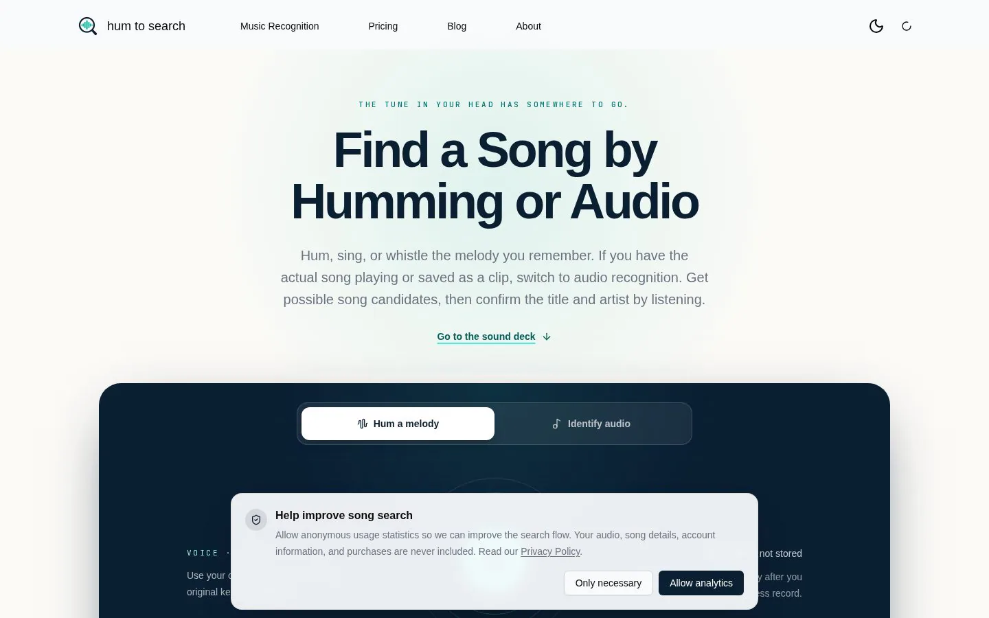 Homepage of humtosearch.dev