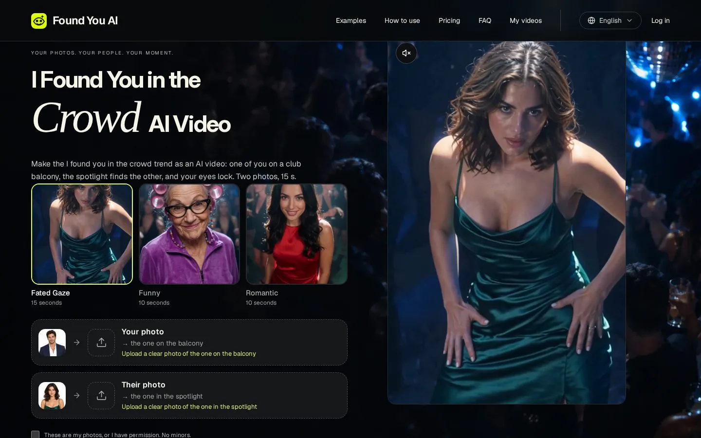 I Found You in the Crowd AI screenshot showing a woman in a black dress