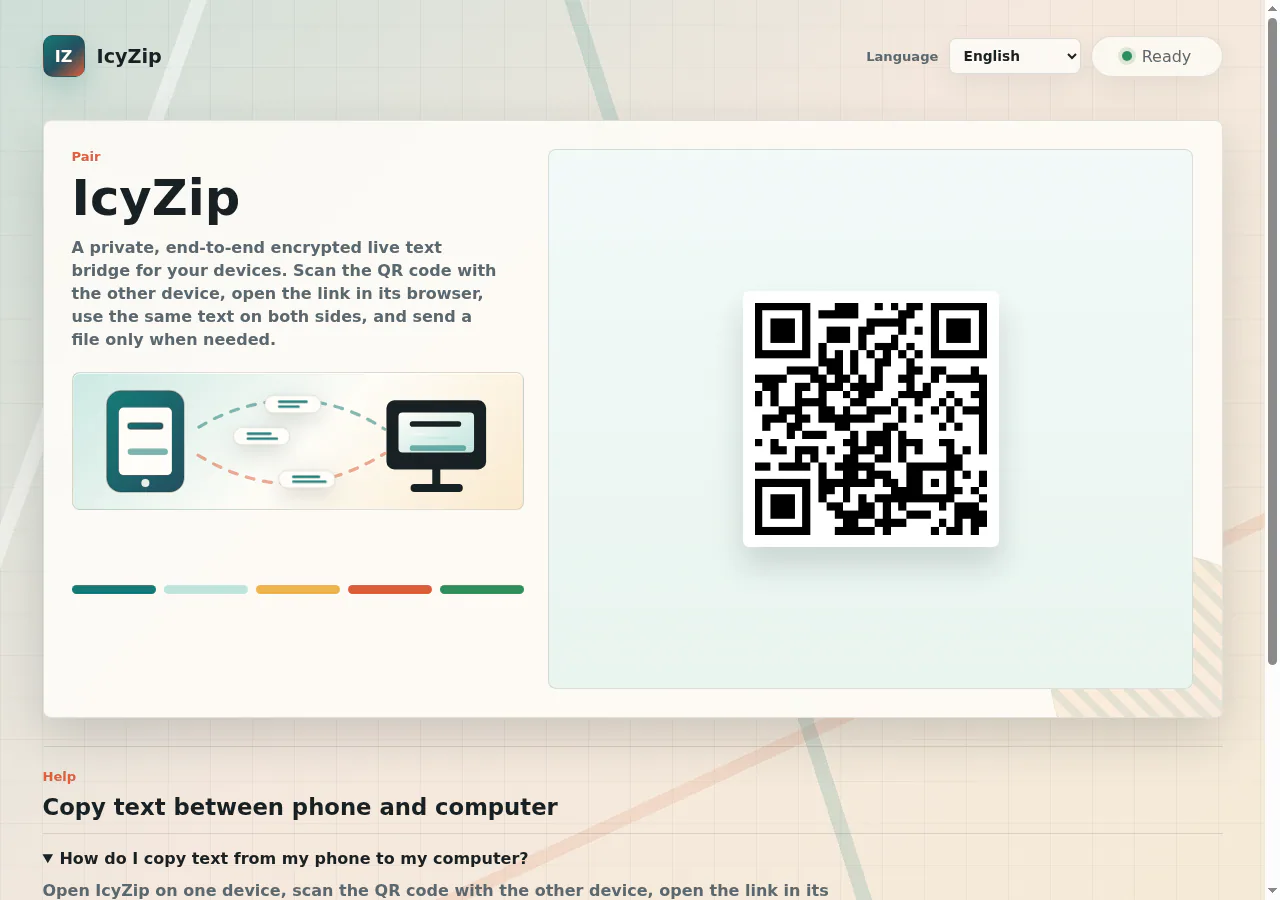 IcyZip product screenshot showing a QR code for pairing devices