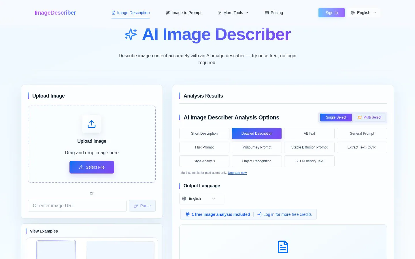 Image Describer website homepage
