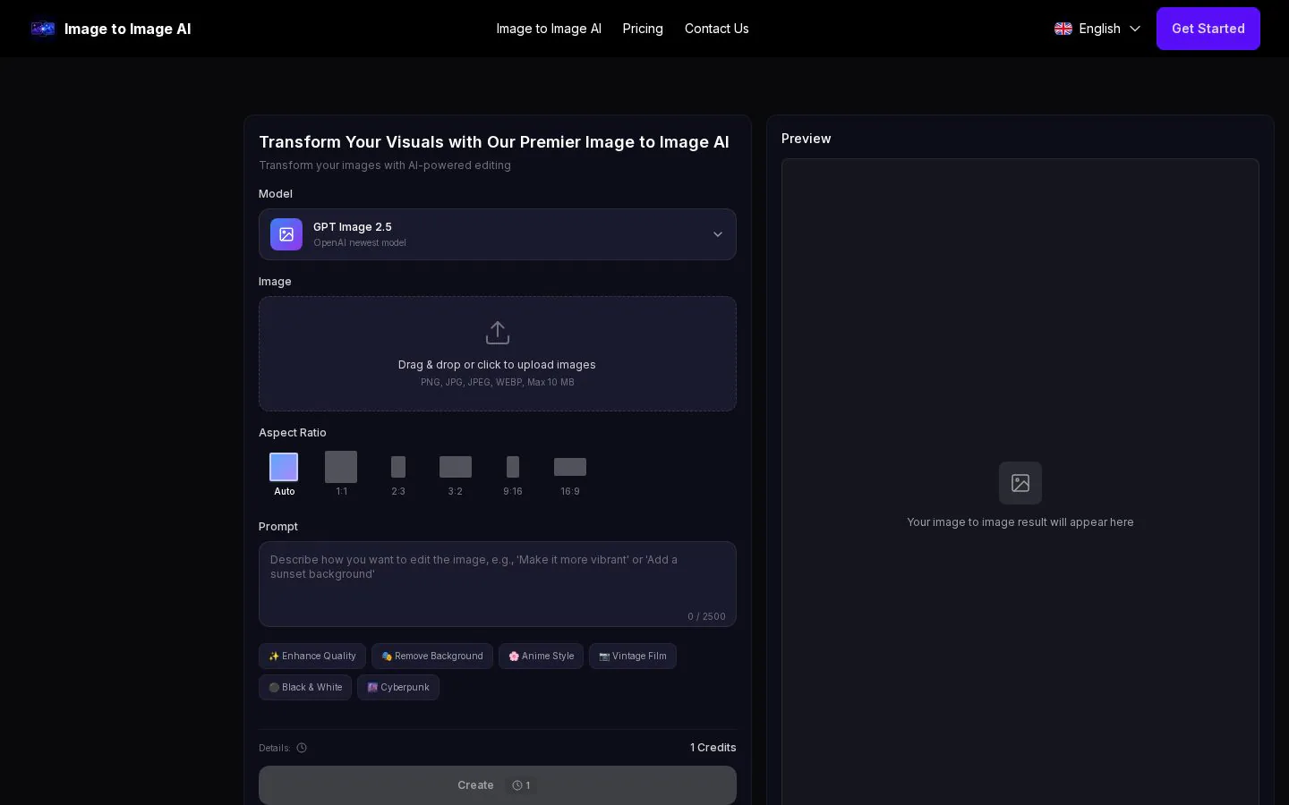 Image to Image AI imagetoimageai.io screenshot showing the title of Image to Image Al