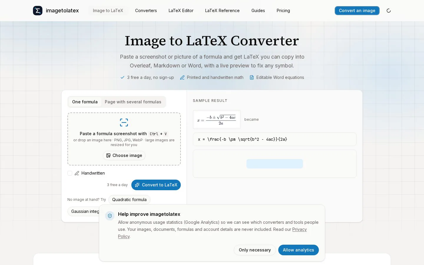 Homepage of imagetolatex.com