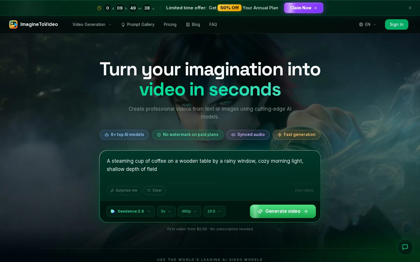 ImagineToVideo website homepage