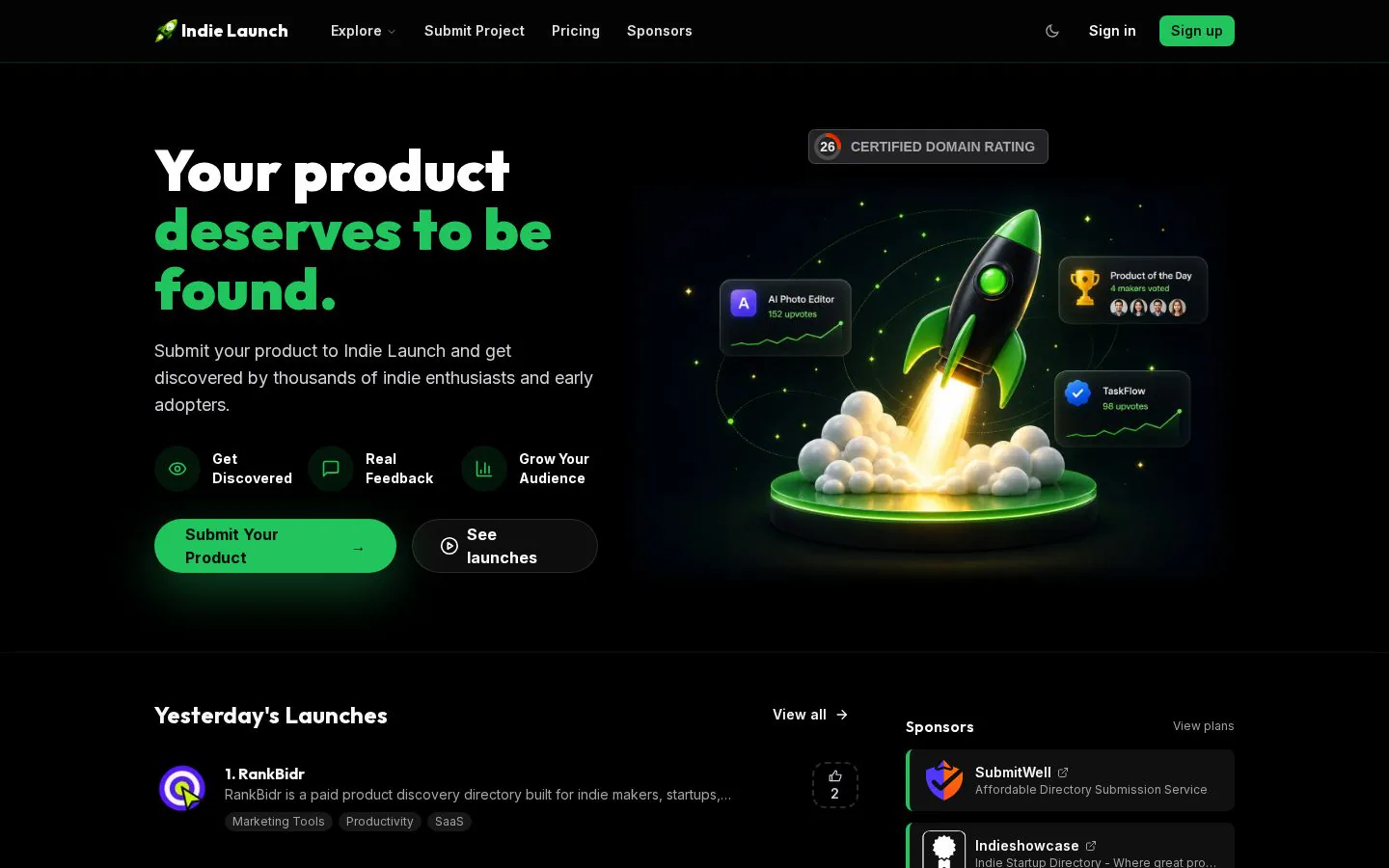 Indie Launch website homepage