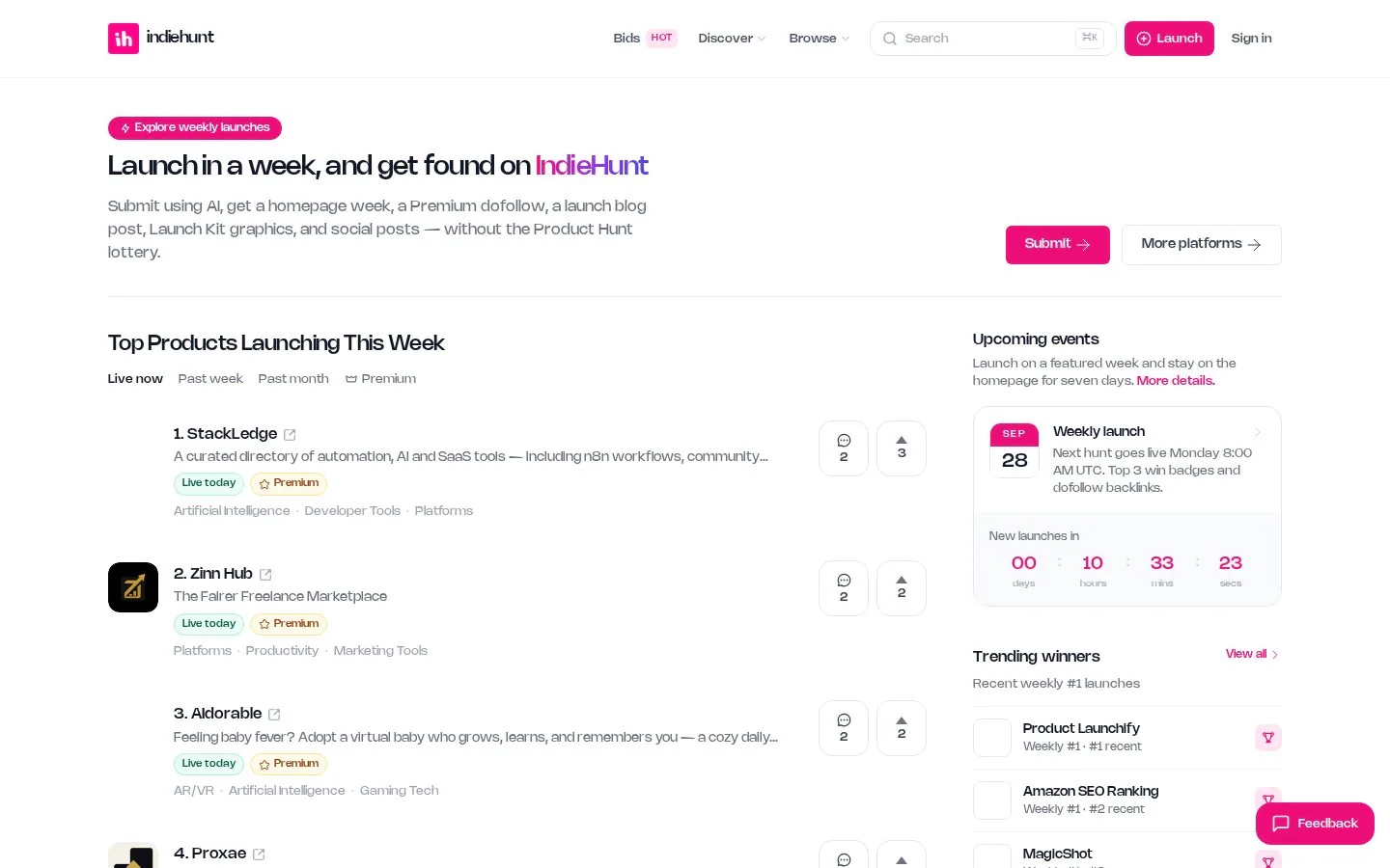 IndieHunt website homepage
