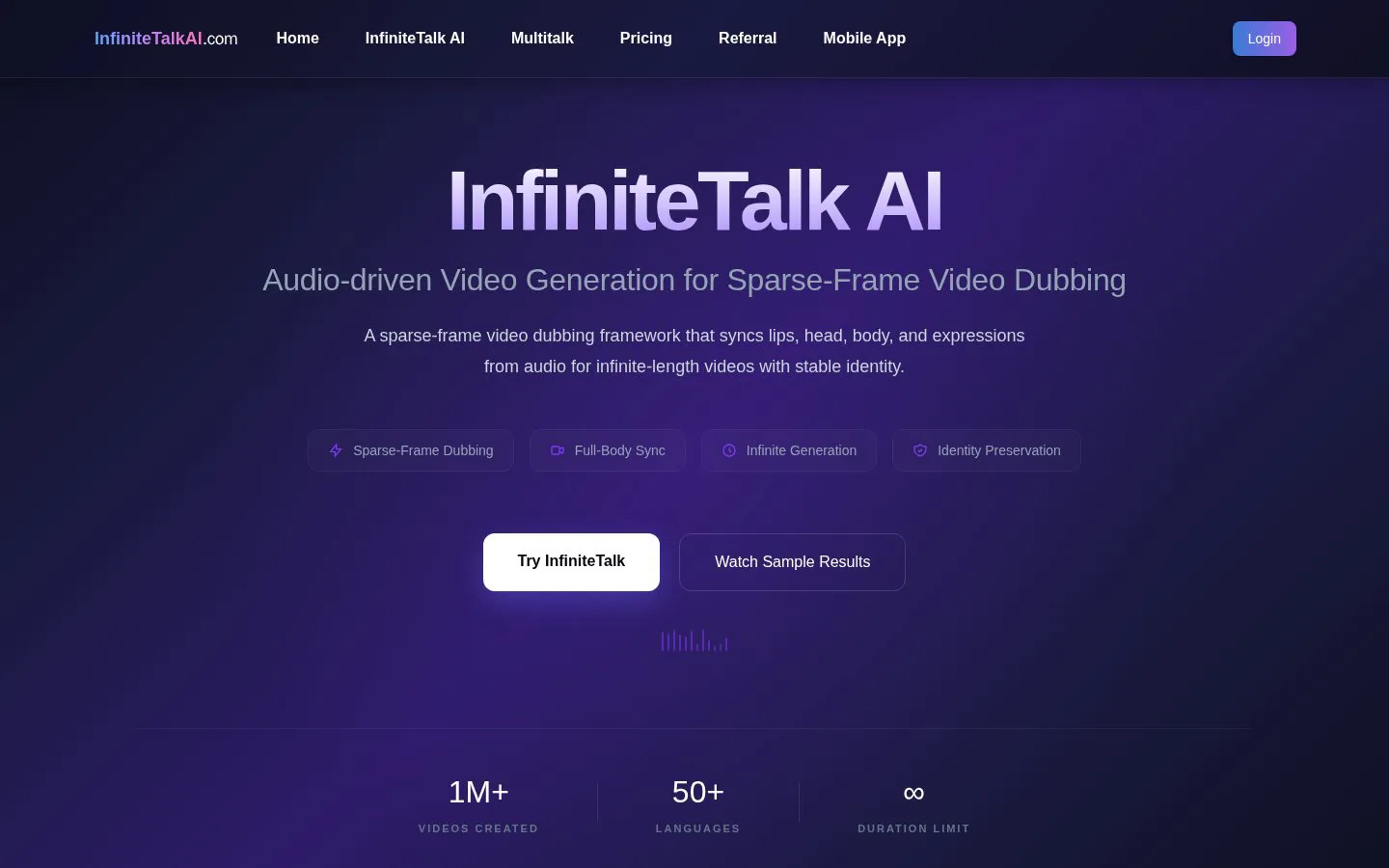 Infinite Talk AI website homepage