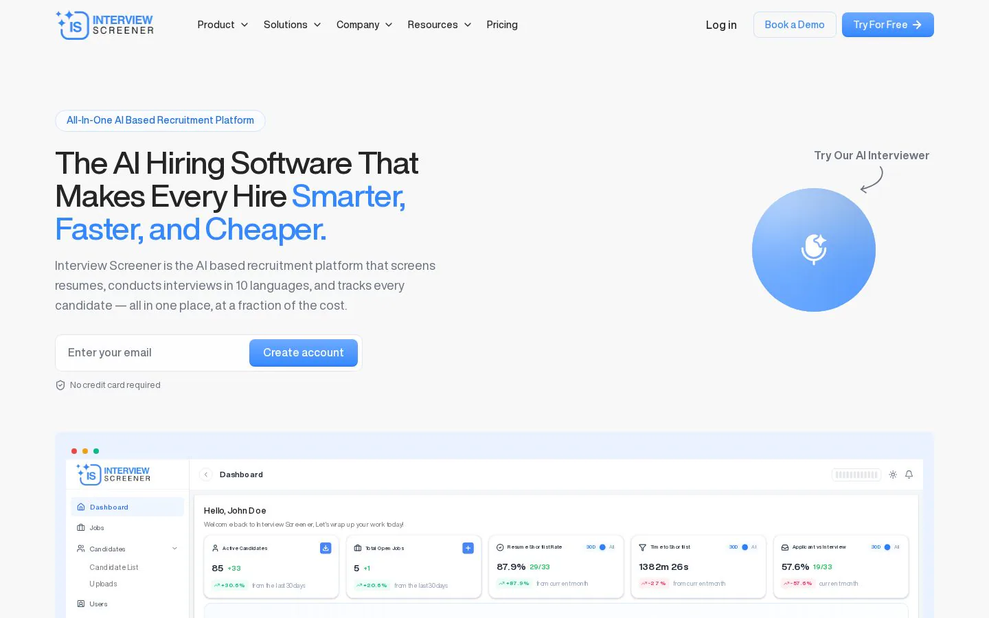Interview Screener website homepage