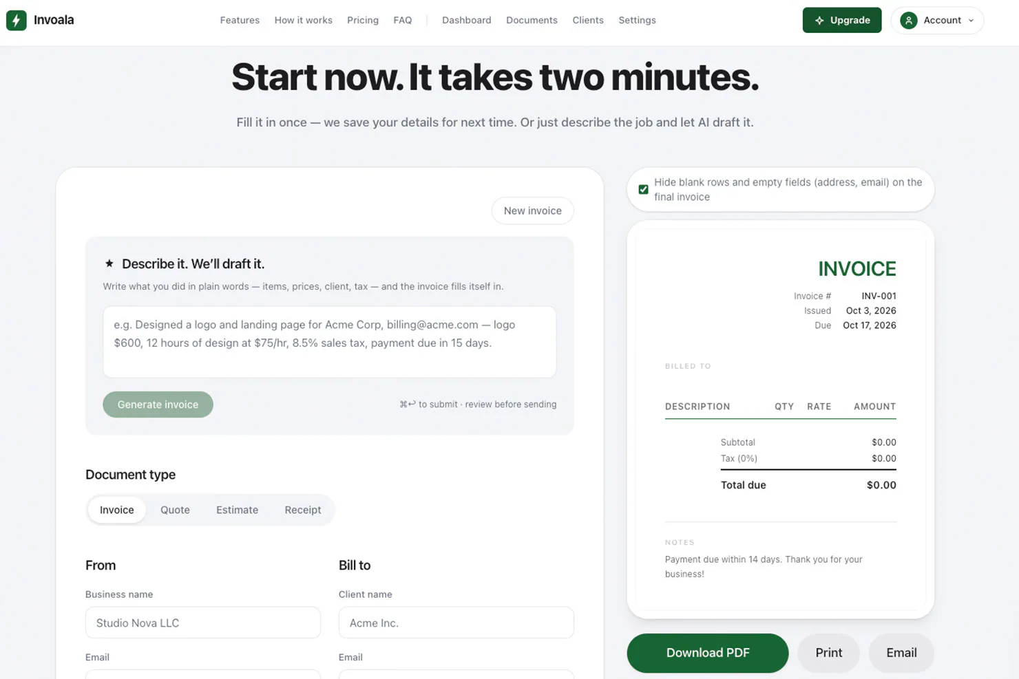 Invoala product screenshot showing invoice generator interface with input fields and invoice preview
