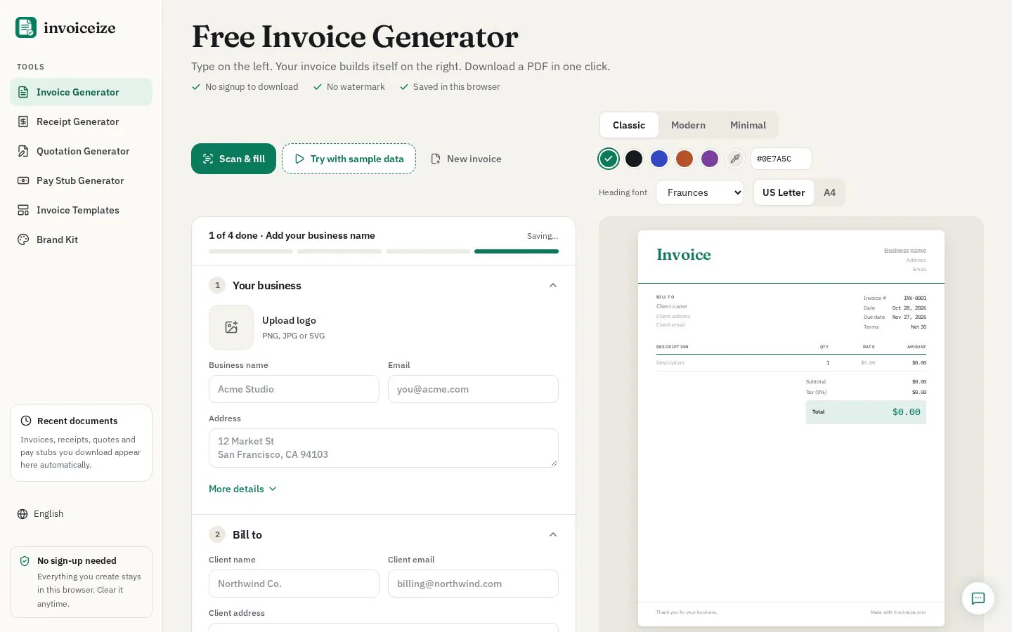 Invoiceize screenshot showing a free invoice Generator