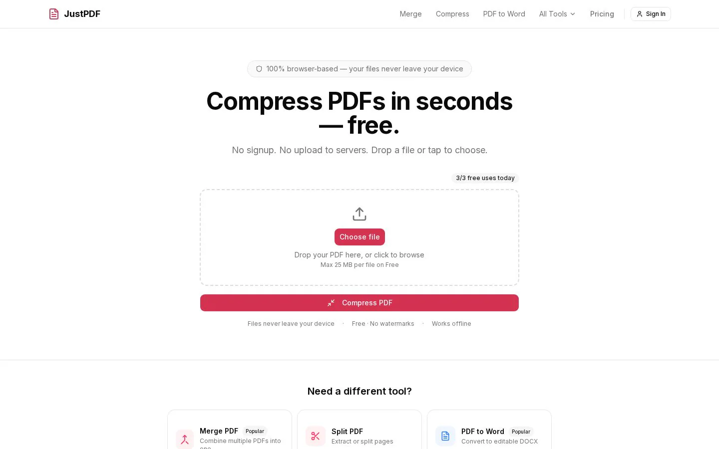 JustPDF website homepage