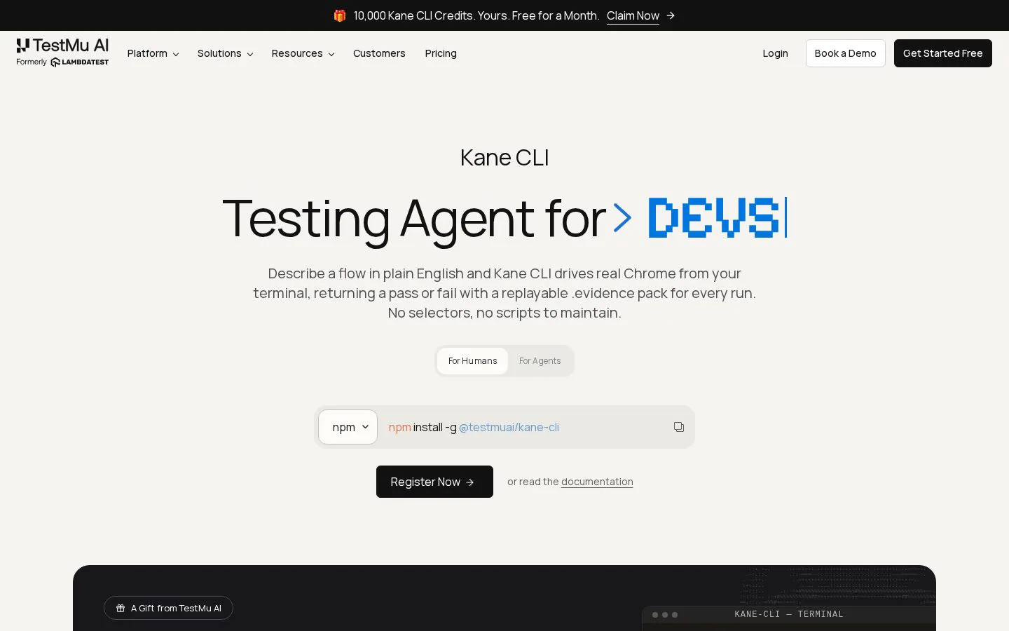 Kane CLI by TestMu AI website homepage