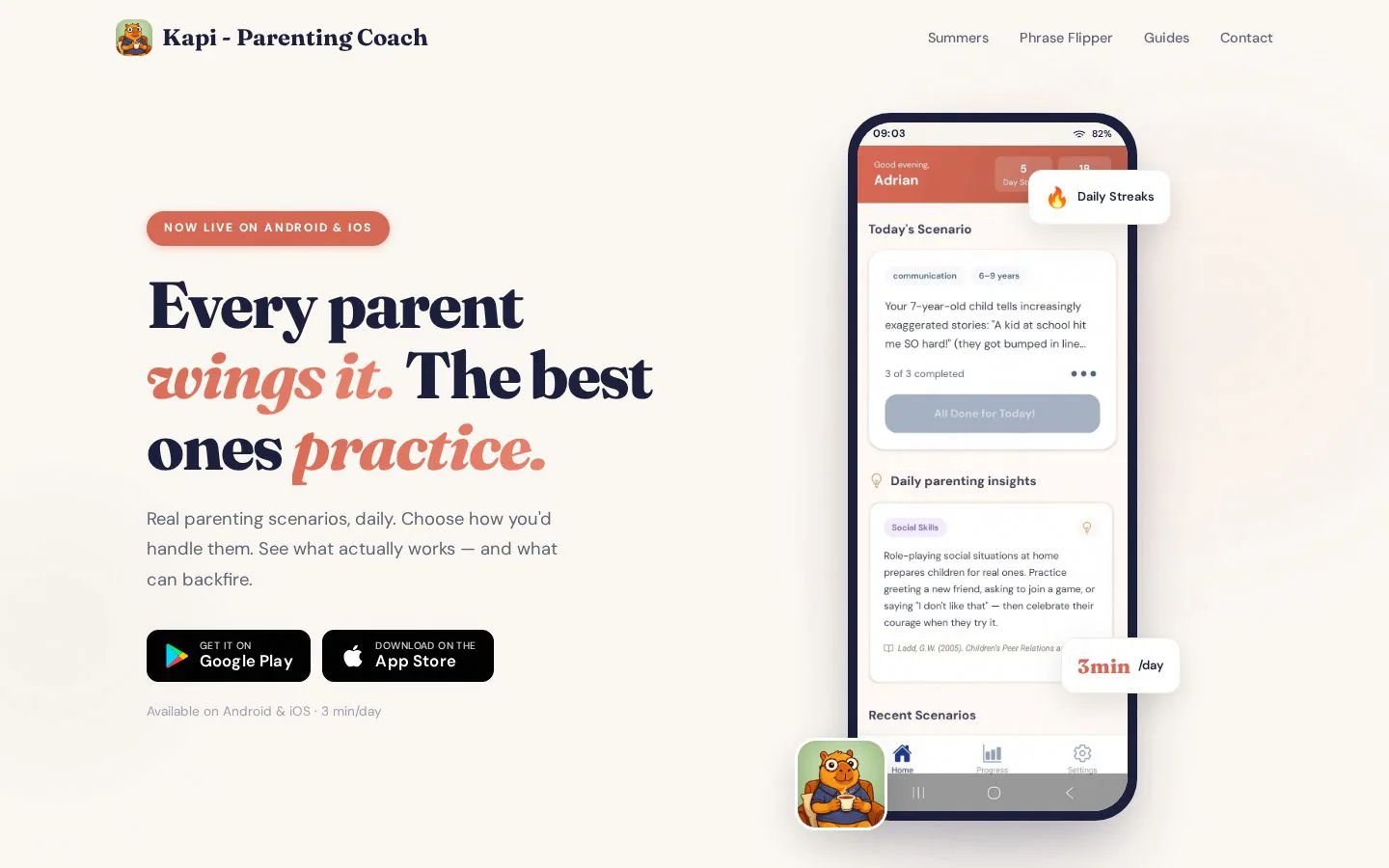 Kapi Parenting Coach app interface showing daily scenarios and baby parenting insights