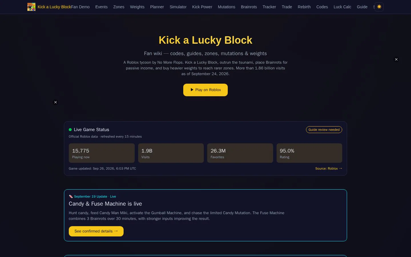 Kick a Lucky Block website homepage