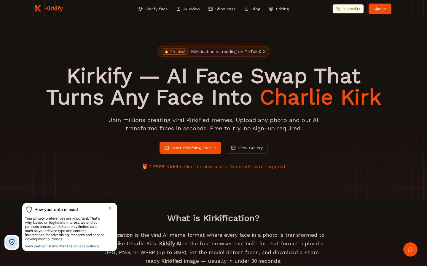Kirkify website homepage