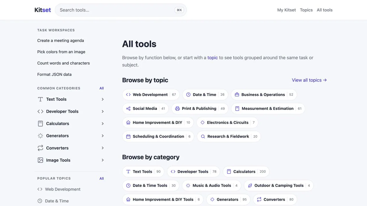 Kitset product screenshot showing a web interface with tool categories and search bar