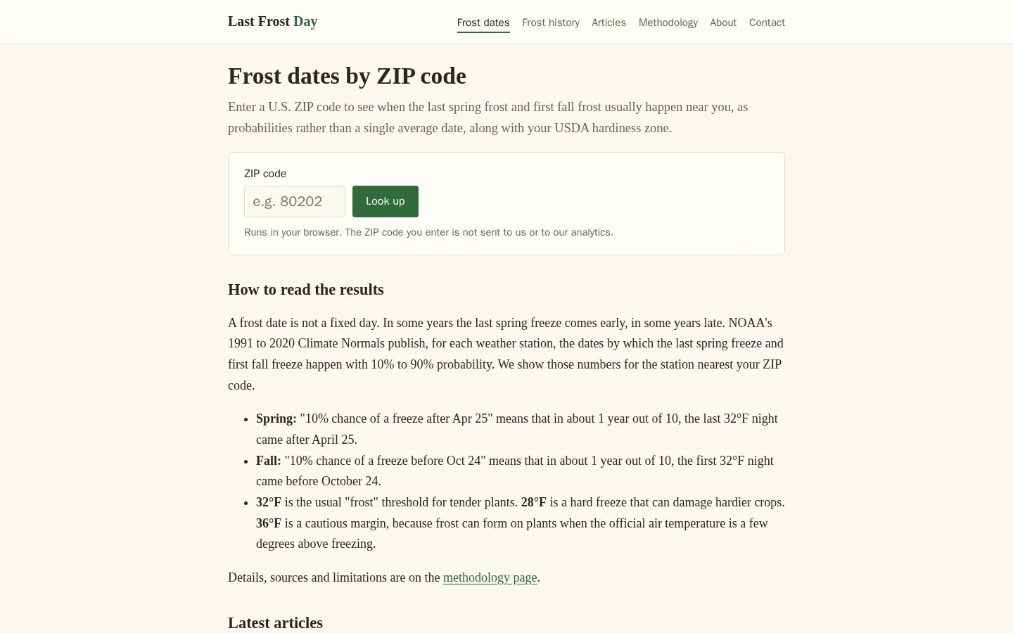 Last Frost Day screenshot showing information about a zip code