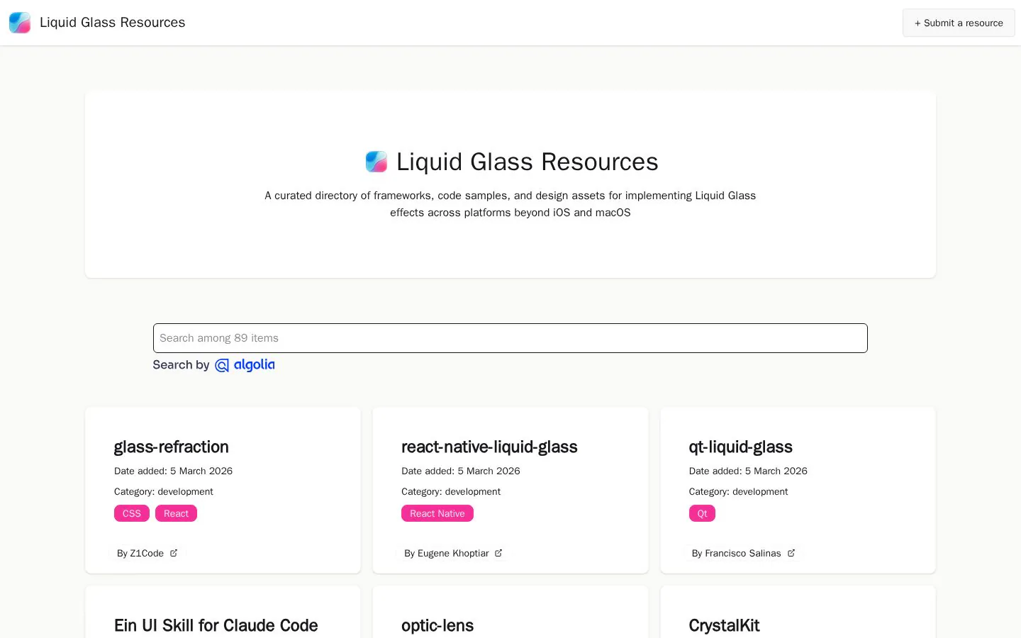 Liquid Glass Resources website homepage