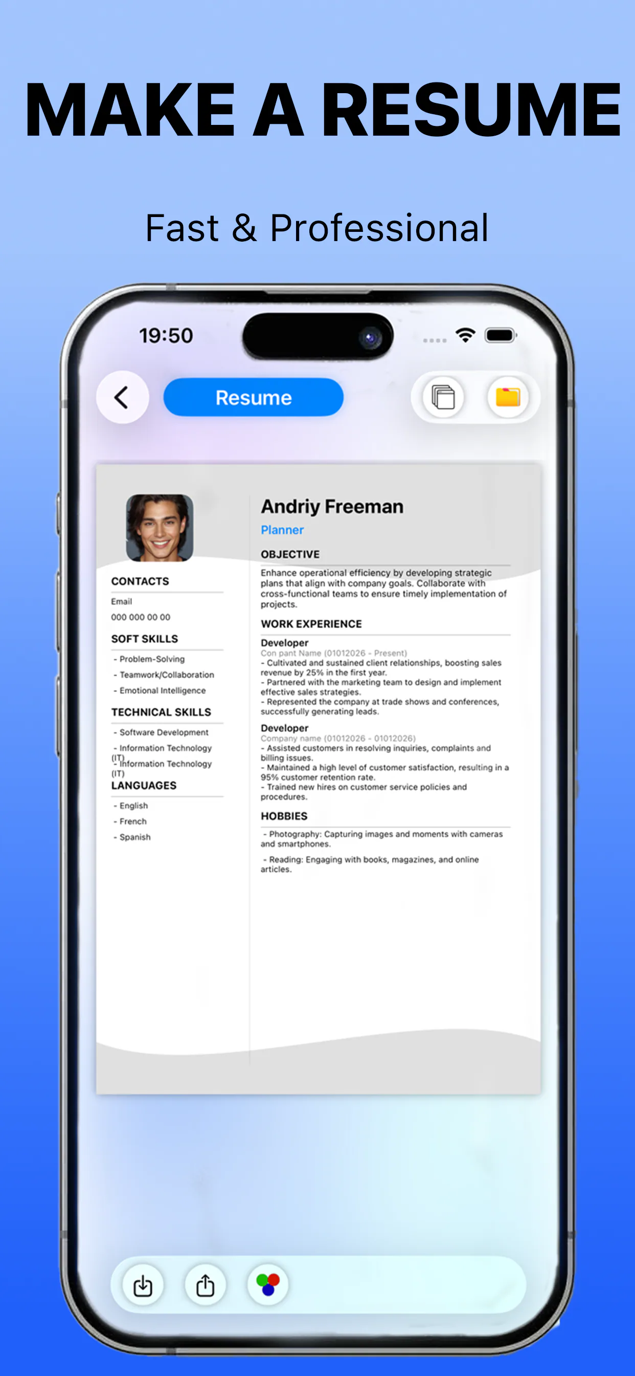 Make Resume app interface on iPhone showing resume builder