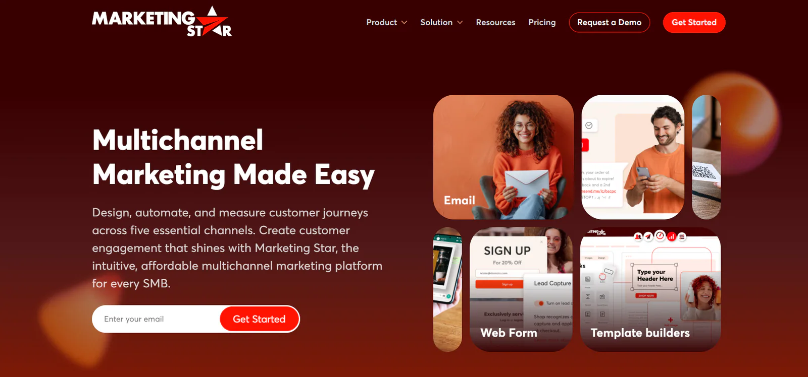 Marketing Star multichannel marketing platform interface showing email sign up and template builders