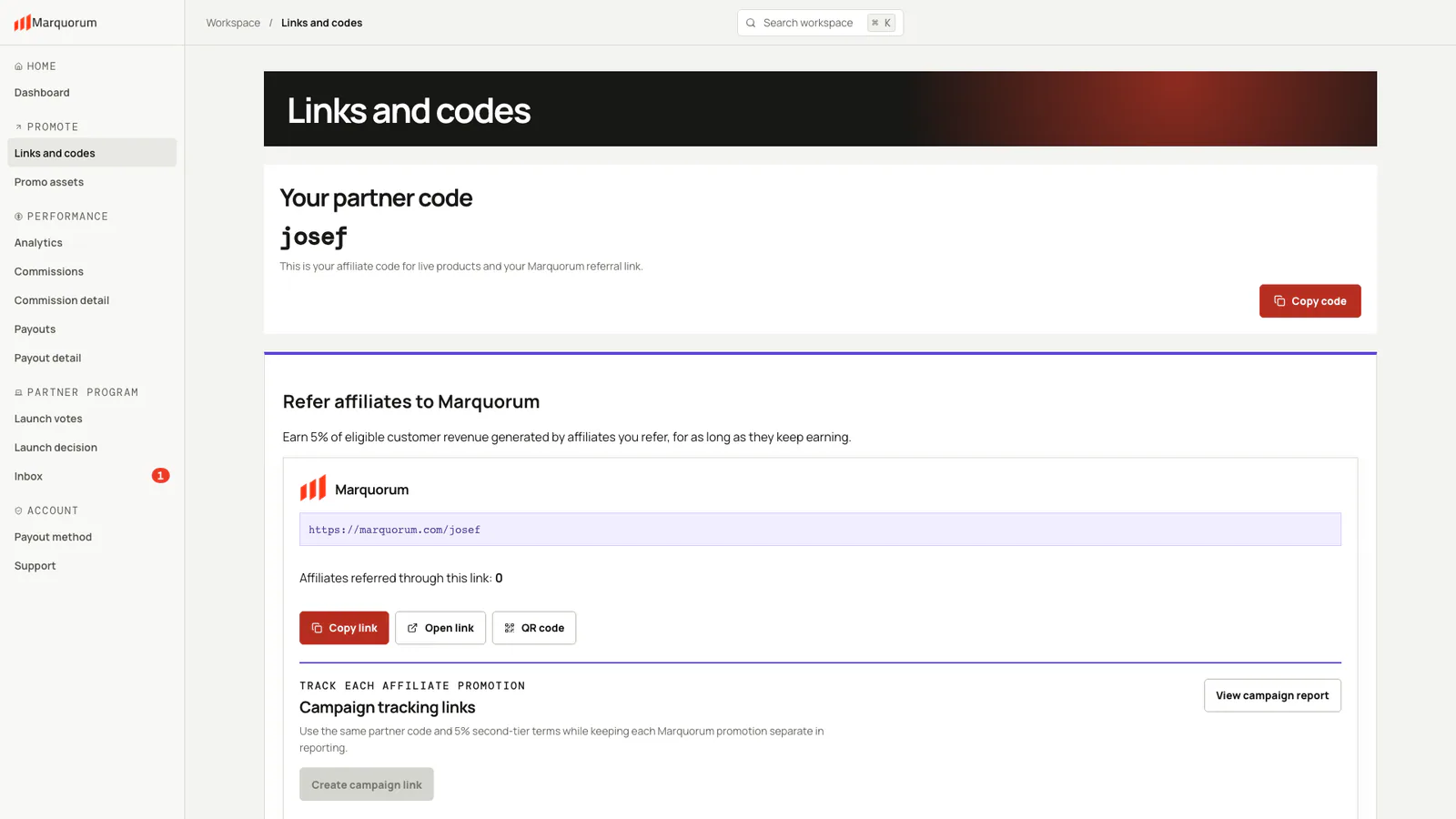 Marquorum partner links, reusable partner code and QR-code tools