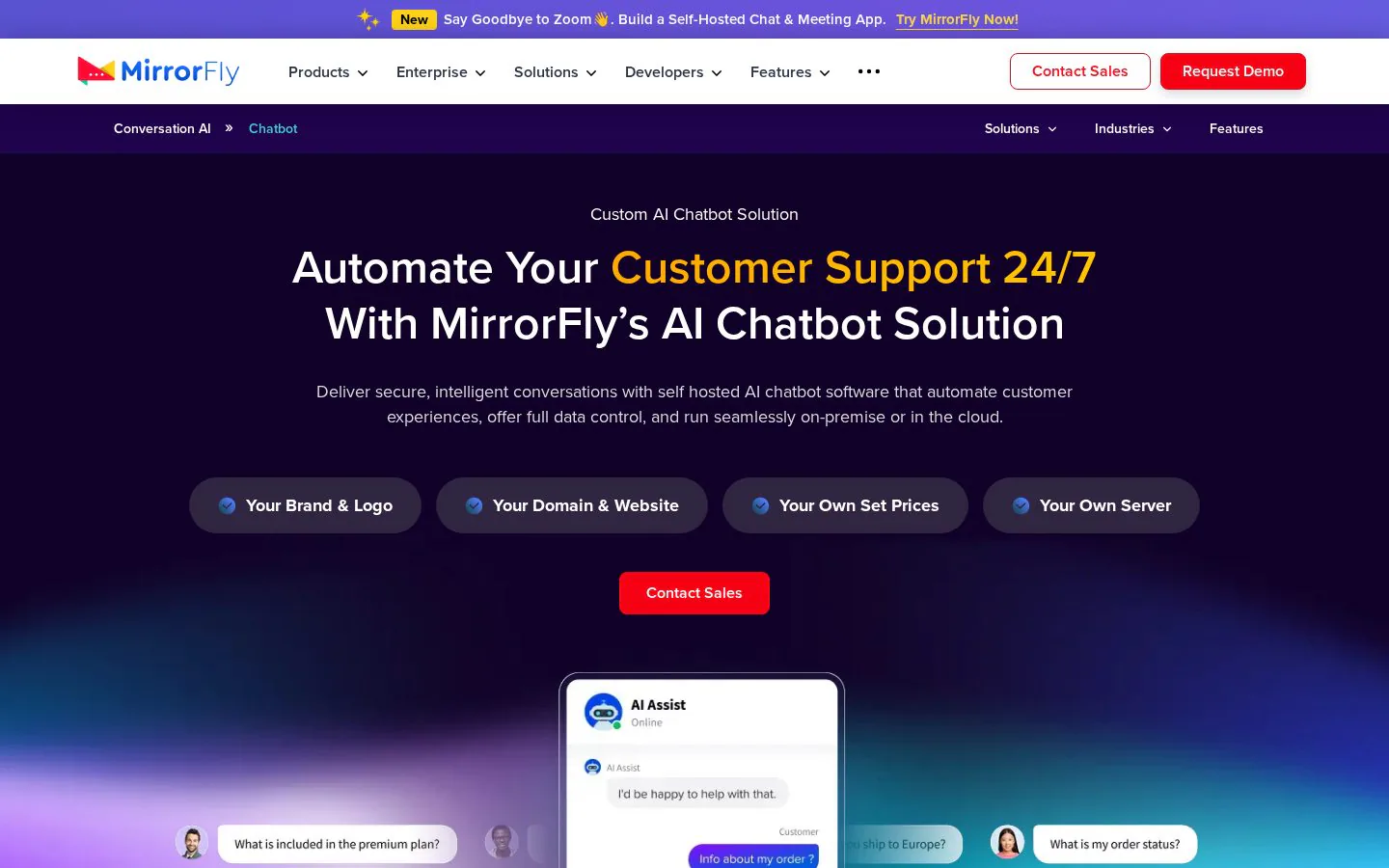 MirrorFly AI Chatbot Solution website homepage