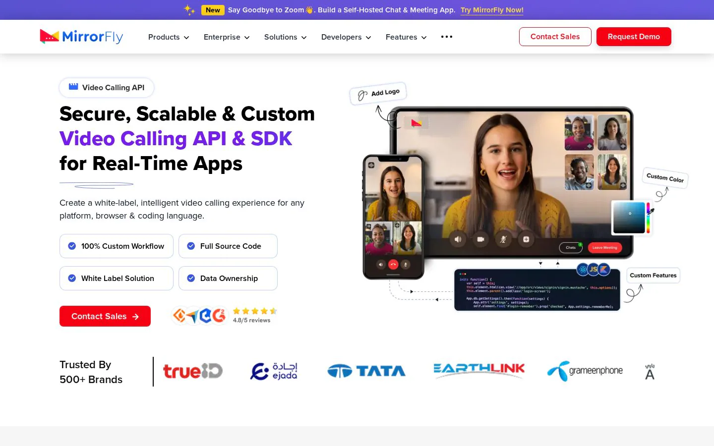 MirrorFly Video Call API and SDK website homepage