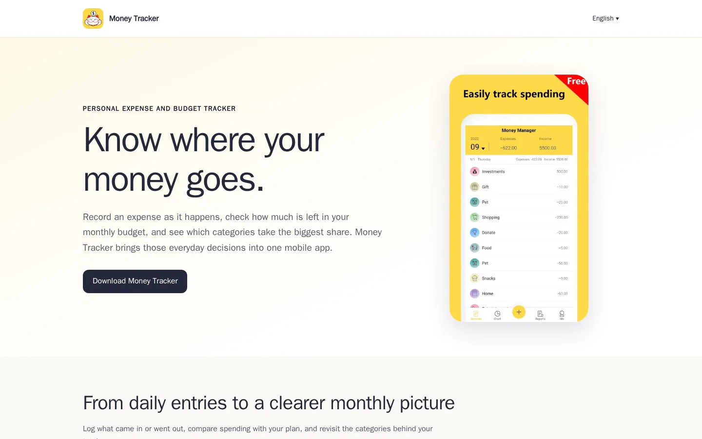Money Tracker Expense & Budget screenshot showing a list of money tracks