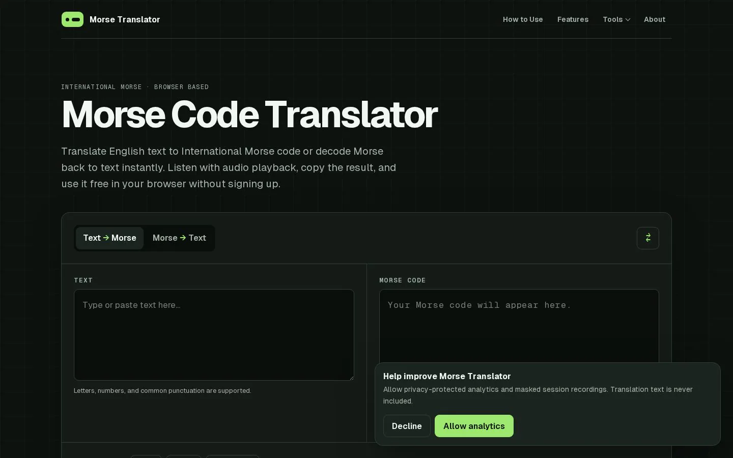 Morse Code Translator website homepage
