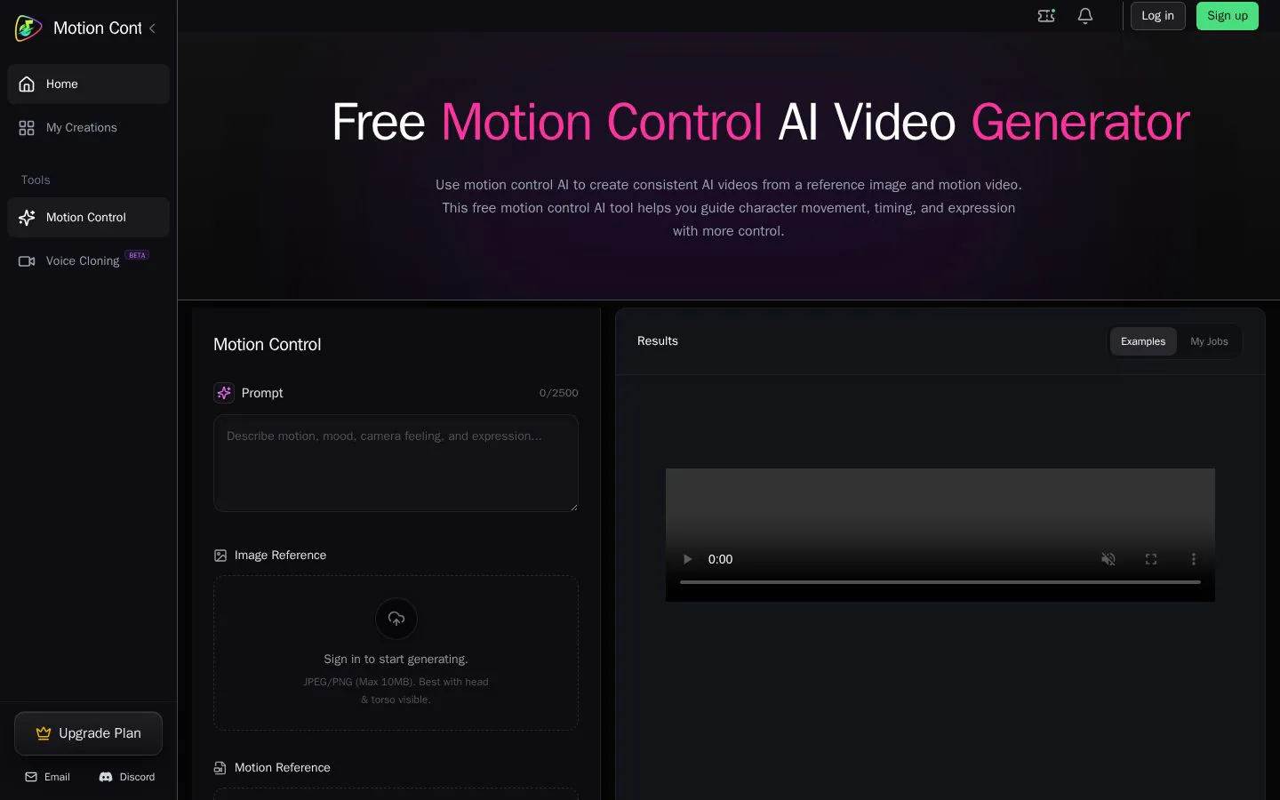 Motion Control AI Video Creator website homepage
