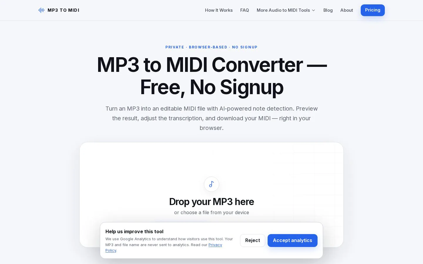 MP3 to MIDI website homepage