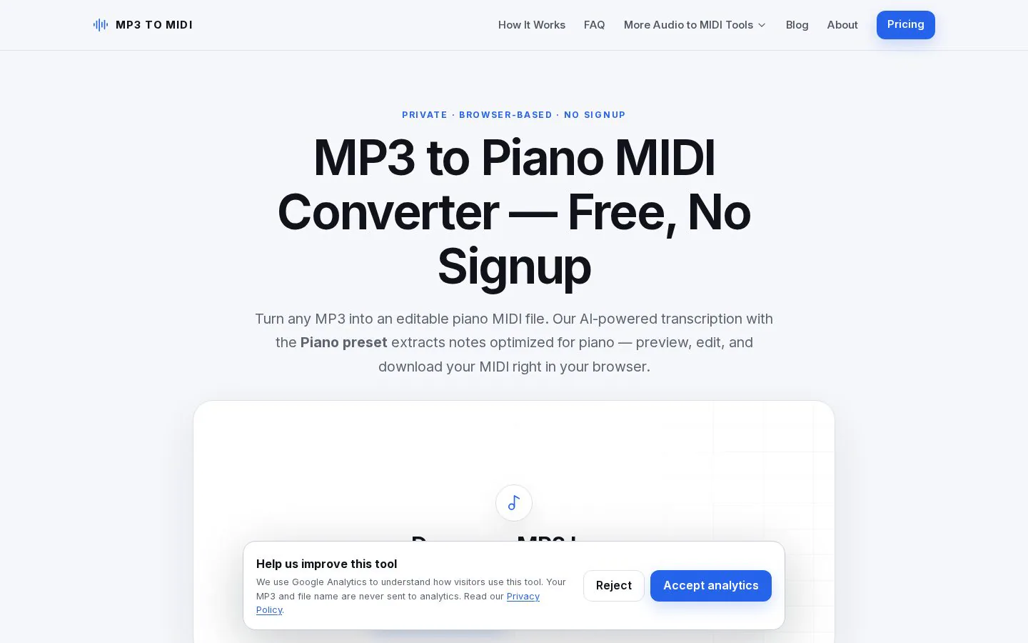 MP3 to Piano MIDI Converter website homepage