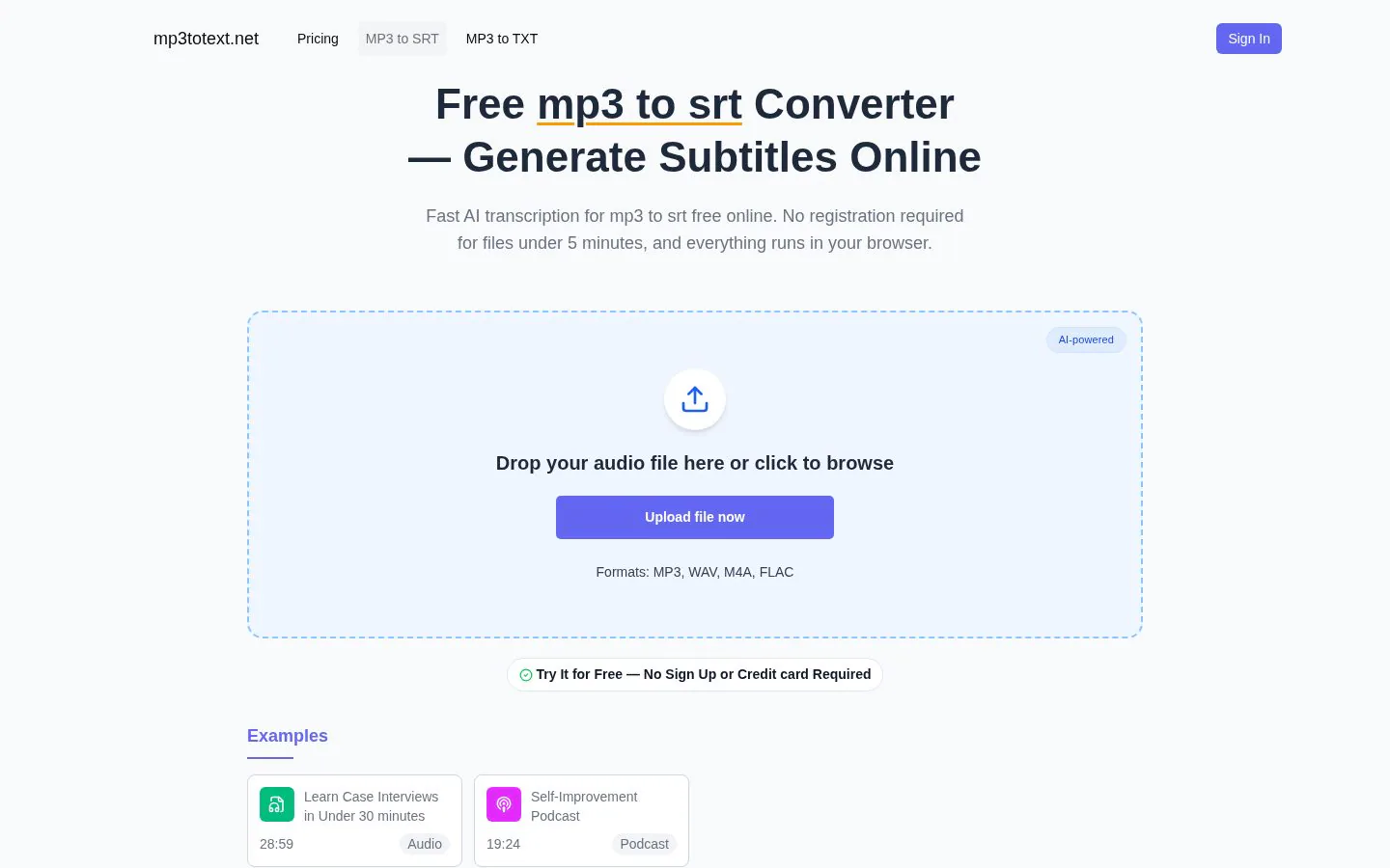 MP3 to SRT (Subtitle Generator) website homepage