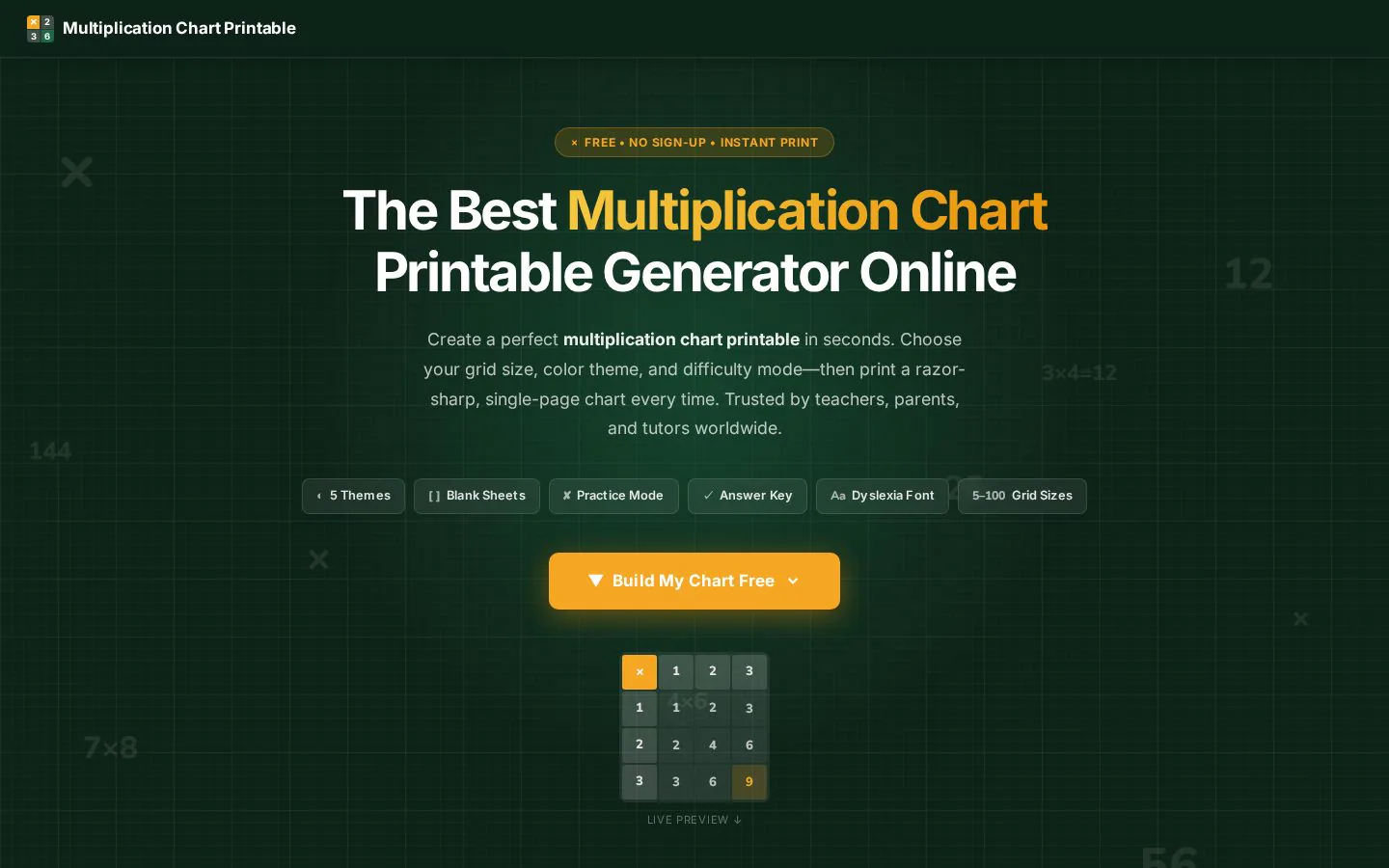 Multiplication Chart Printable Generator website homepage
