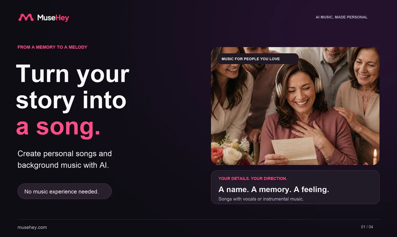 MuseHey screenshot showing a purple background and a picture of a woman
