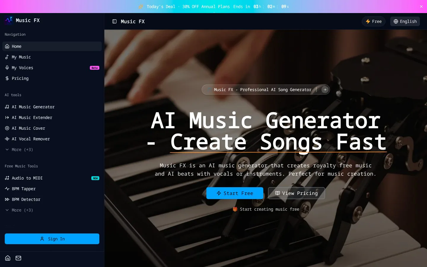 Music FX website homepage