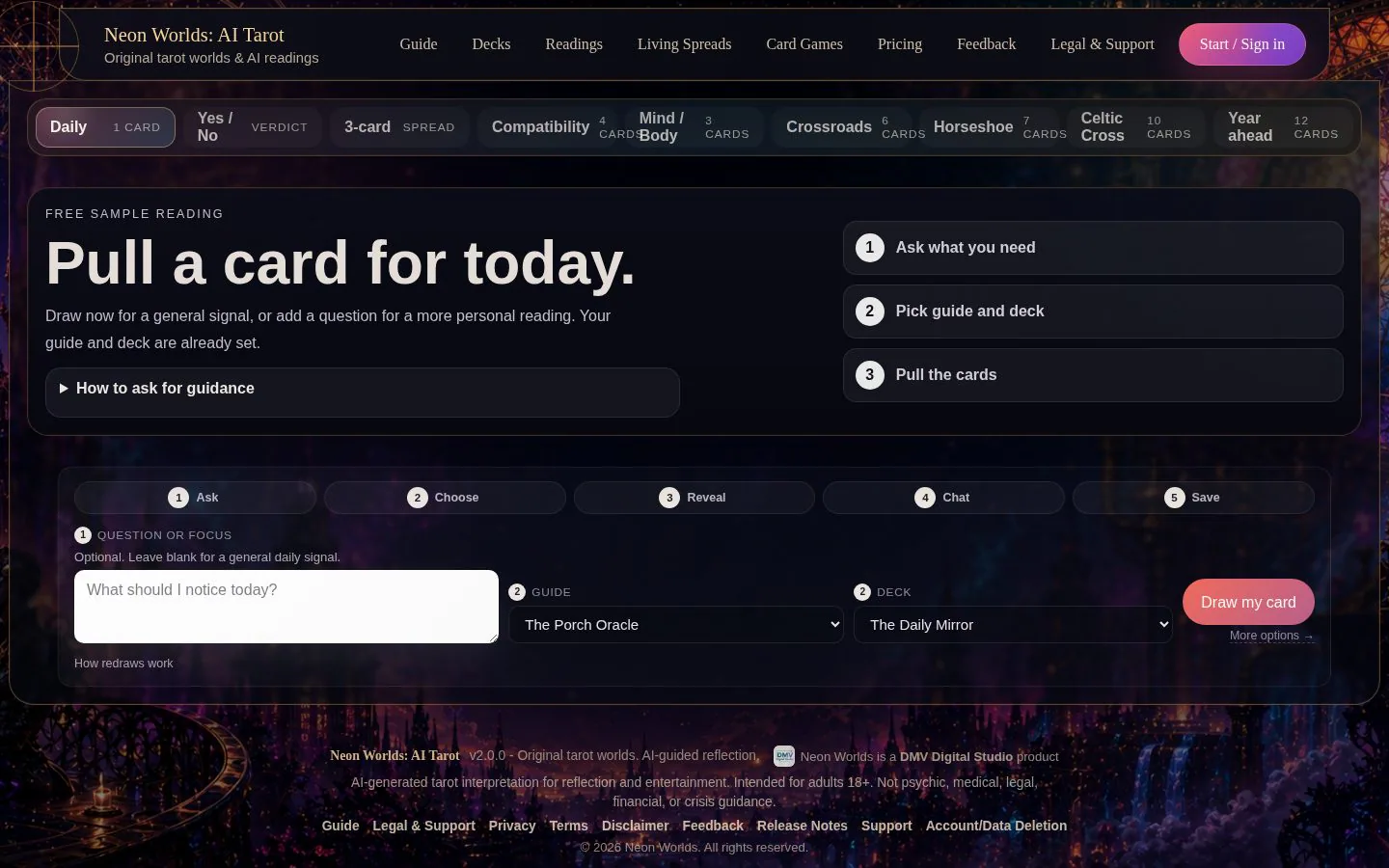 Neon Worlds: AI Tarot website homepage
