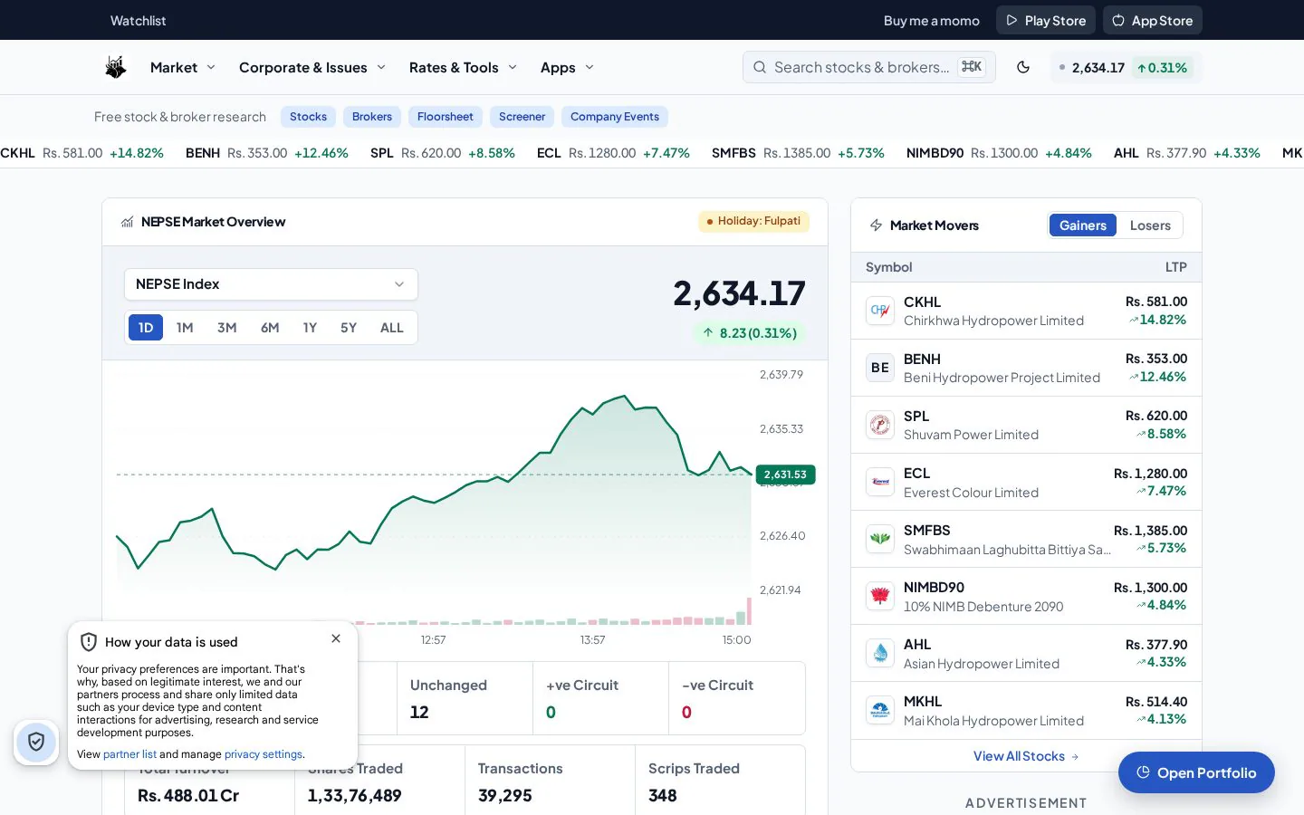NEPSE Tracker app interface for Nepal Stock Exchange market data and portfolio tracking.