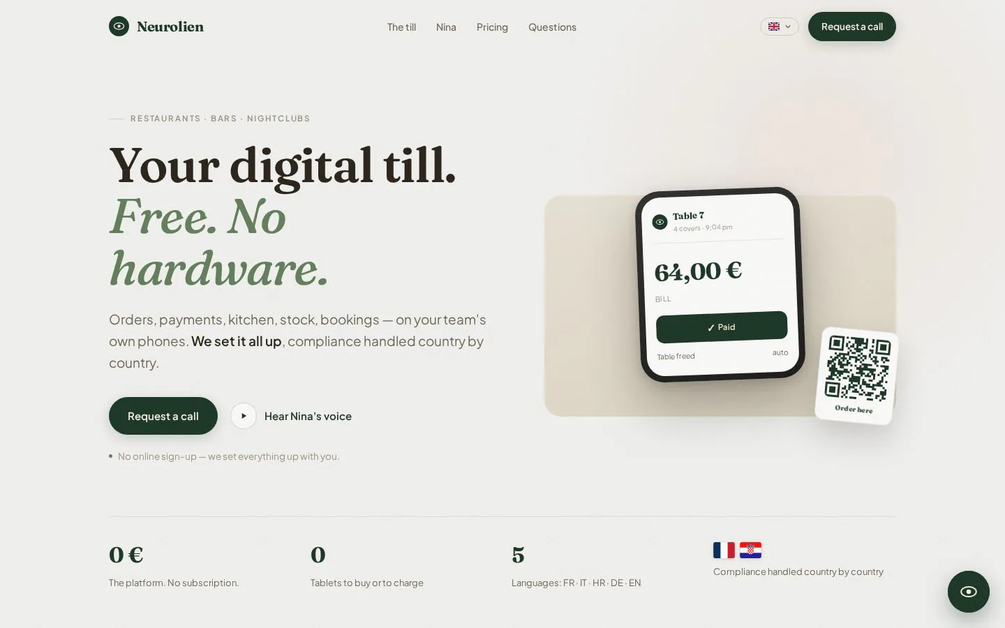 Nina is an AI receptionist for restaurants that answers calls, manages reservations, handles orders, monitors stock, and takes care of customers — 24/7.