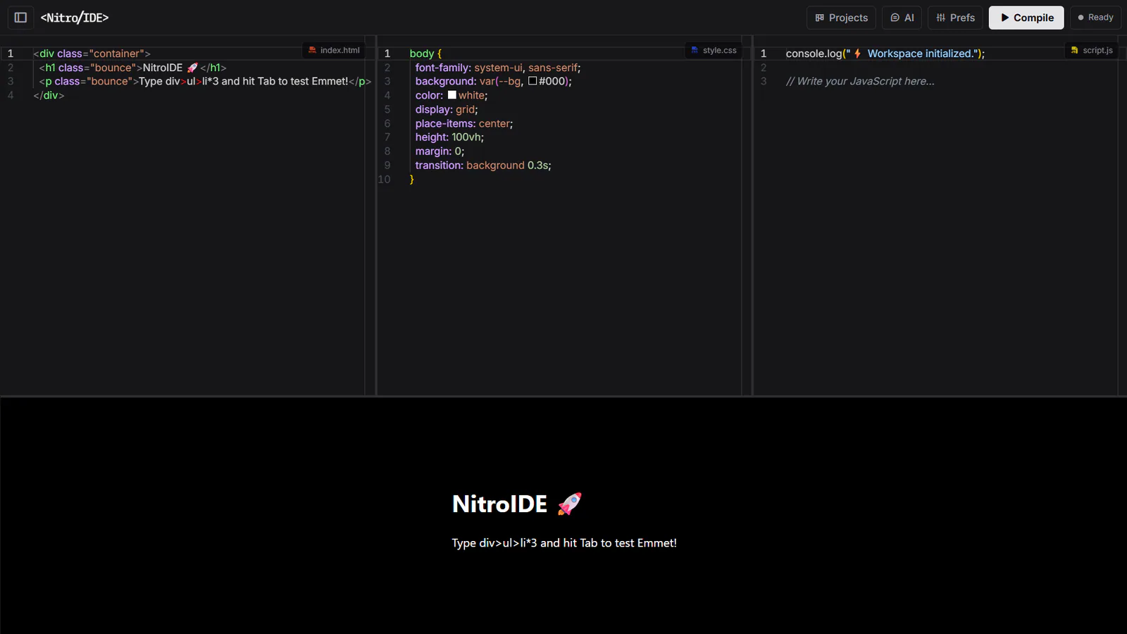 NitroIDE screenshot showing a black background and a title that saysnitrode