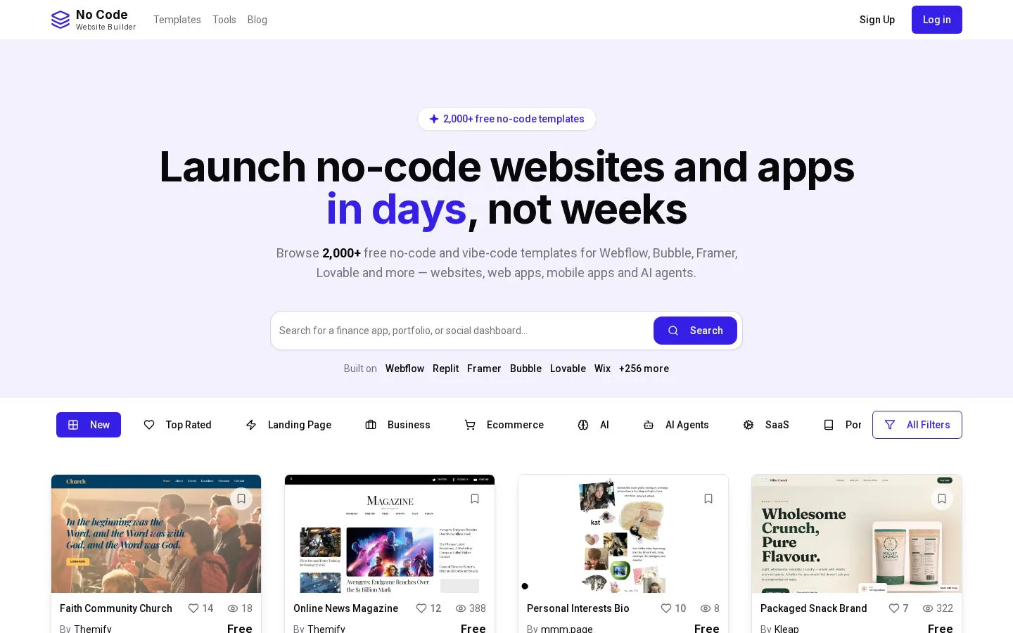 No Code Website Builder website homepage