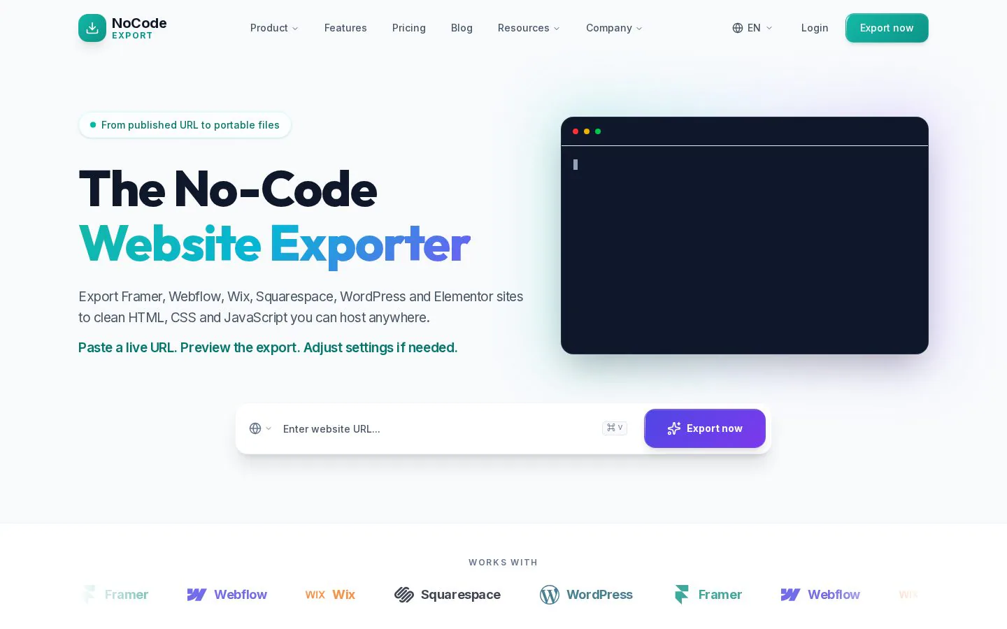 NoCodeExport website homepage