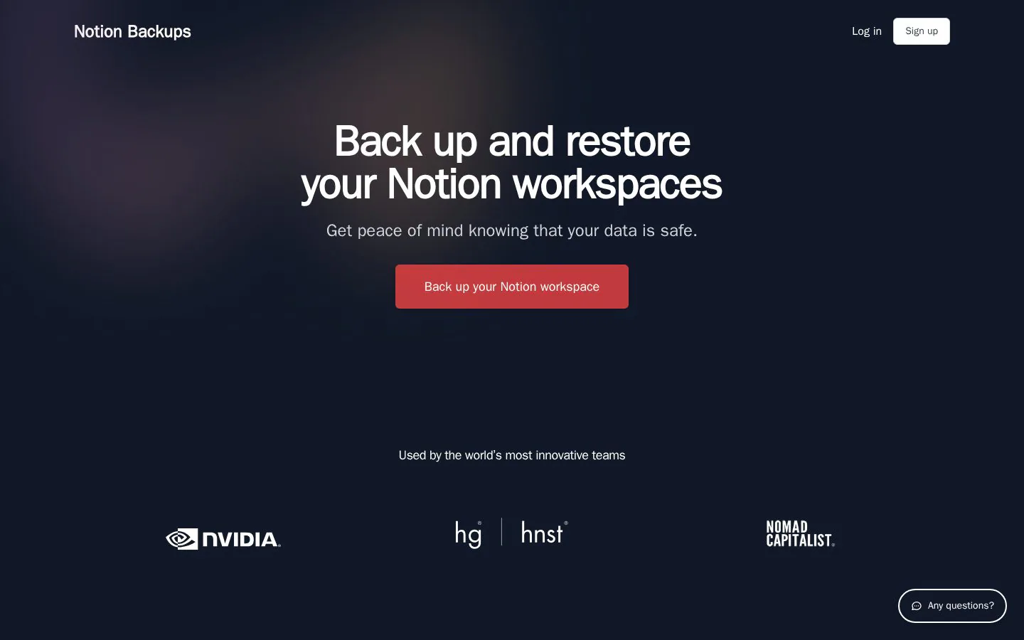 Notion Backups website homepage