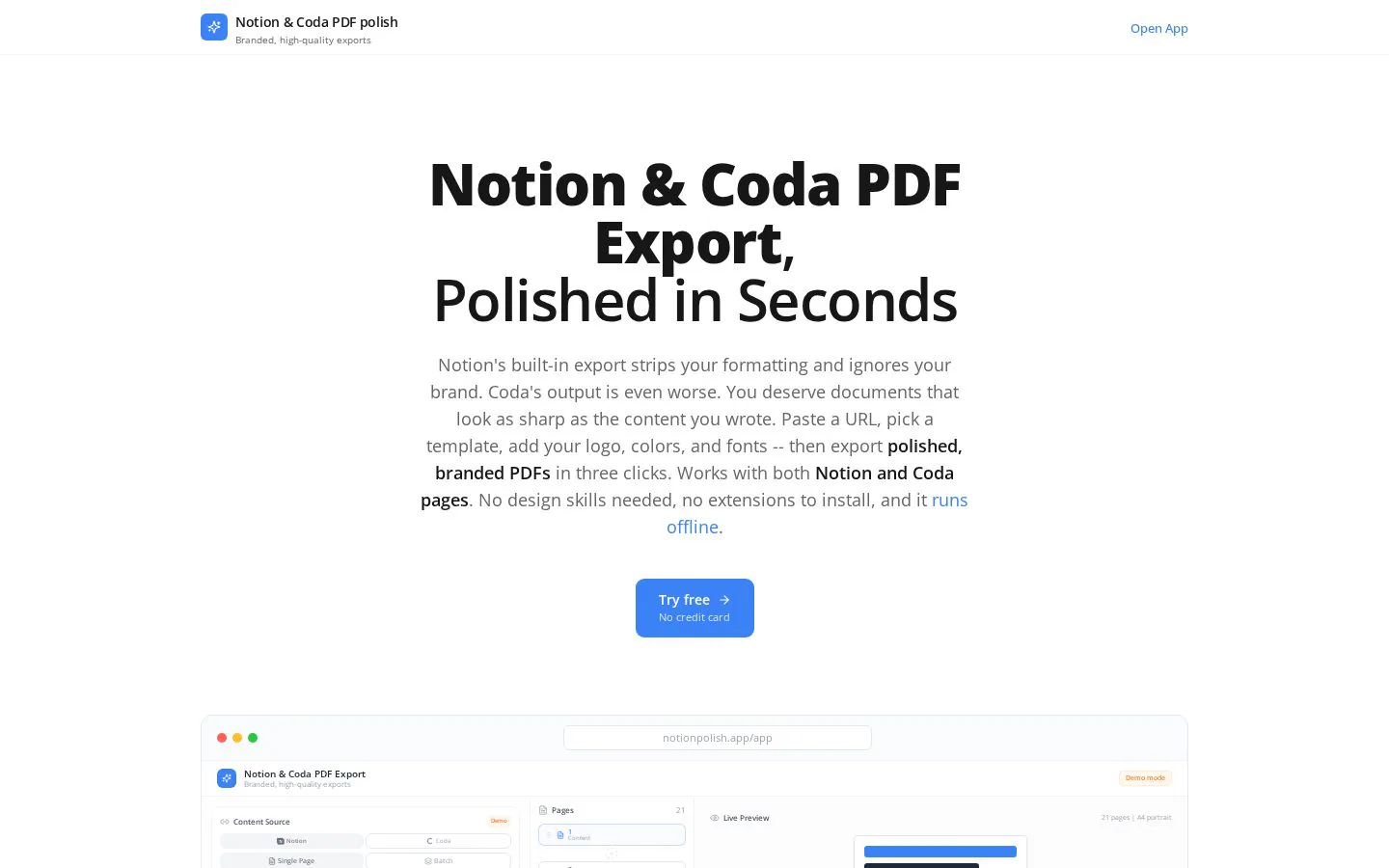 Notion and Coda PDF Exports website homepage