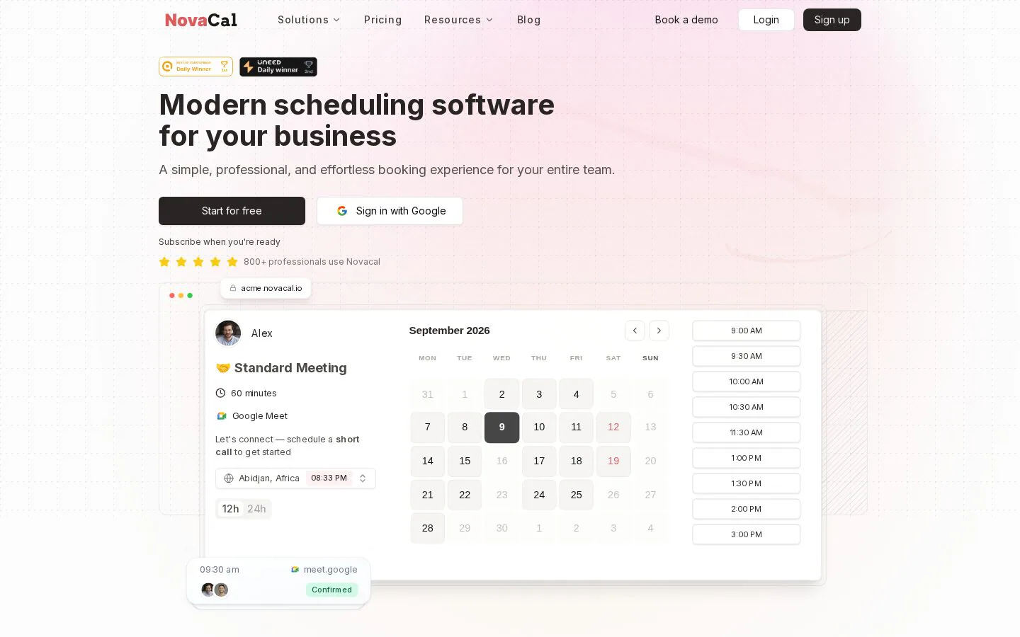 Novacal website homepage