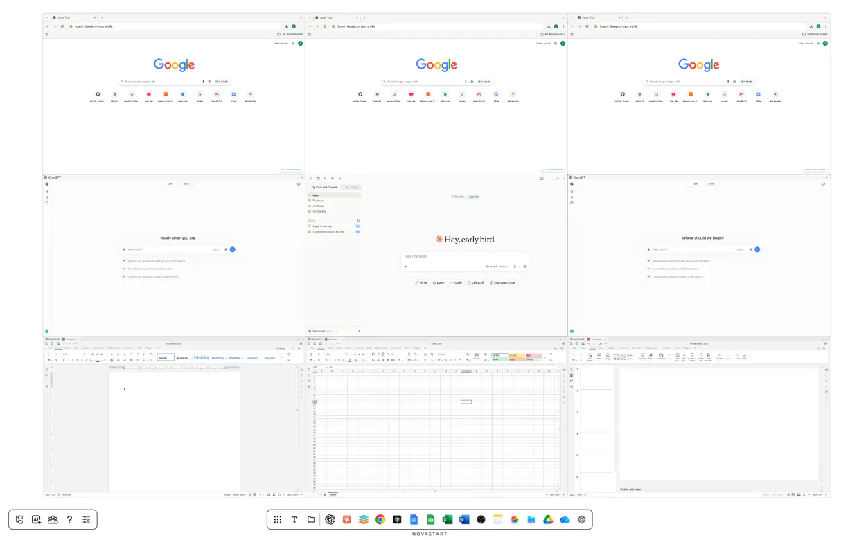 Novastart product screenshot showing a grid of open windows including Google search results login pages and spreadsheet interfaces