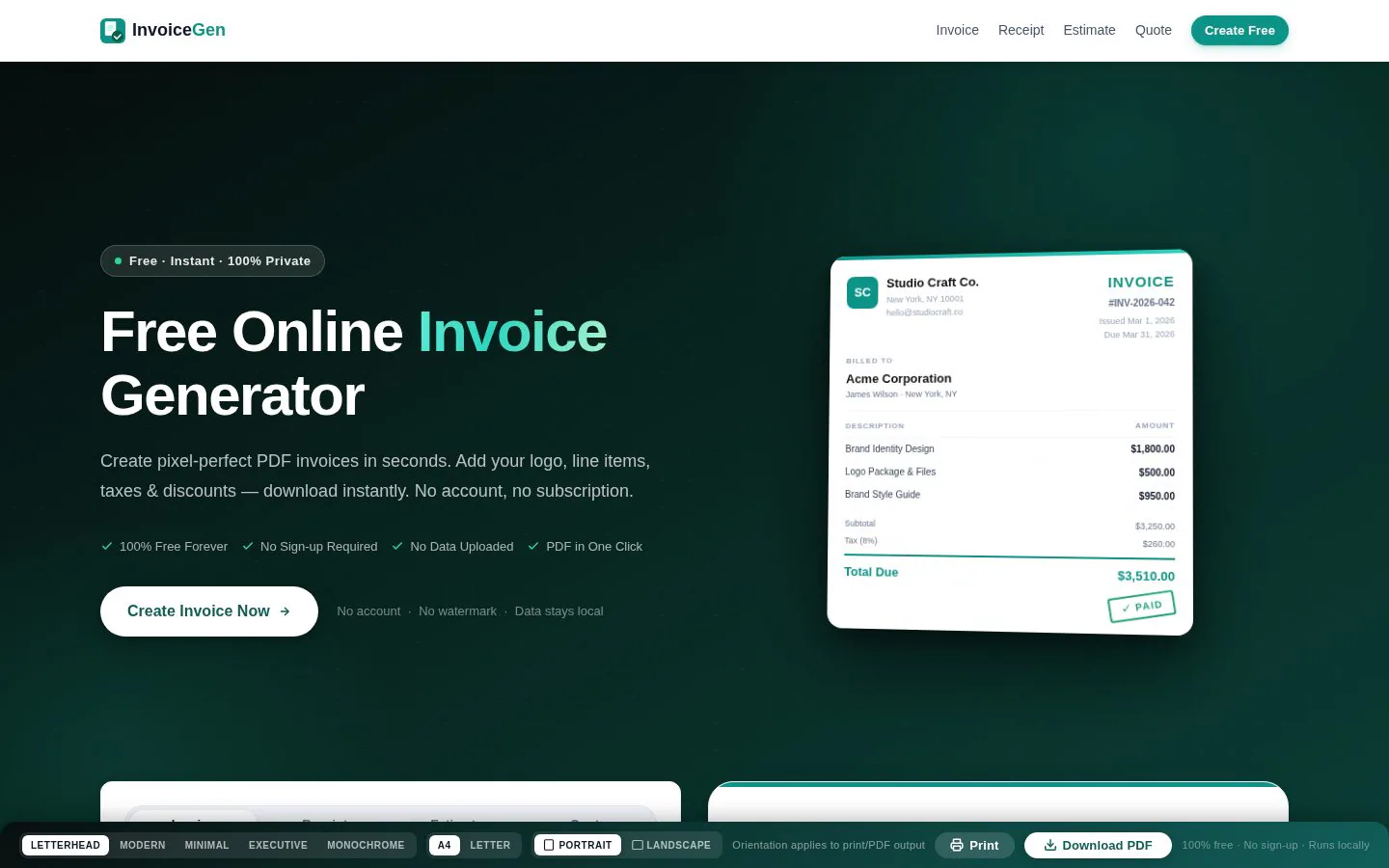 Online Invoice website homepage