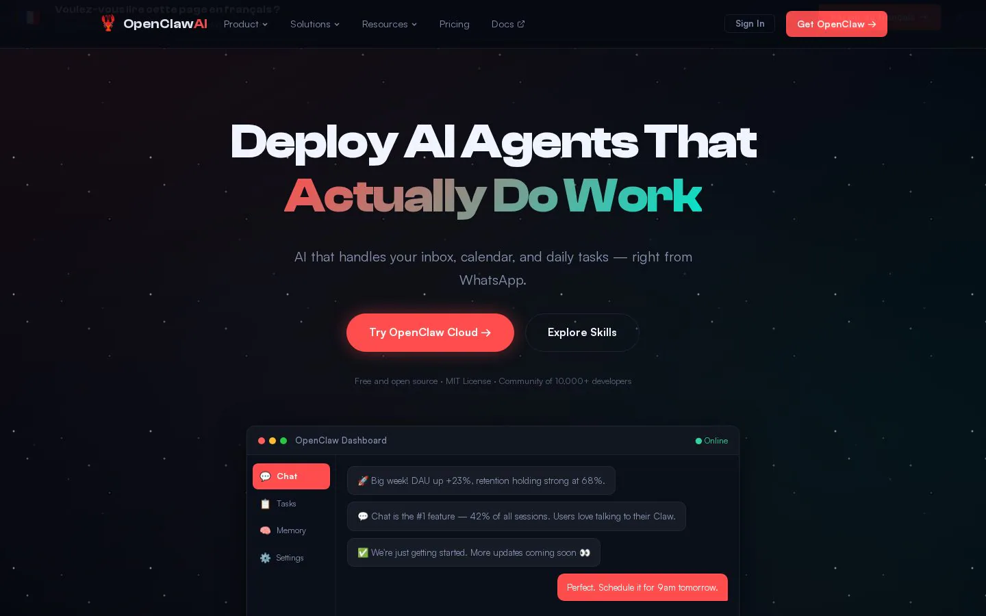 OpenClaw: AI Coding Assistant and Personal Assistant website homepage