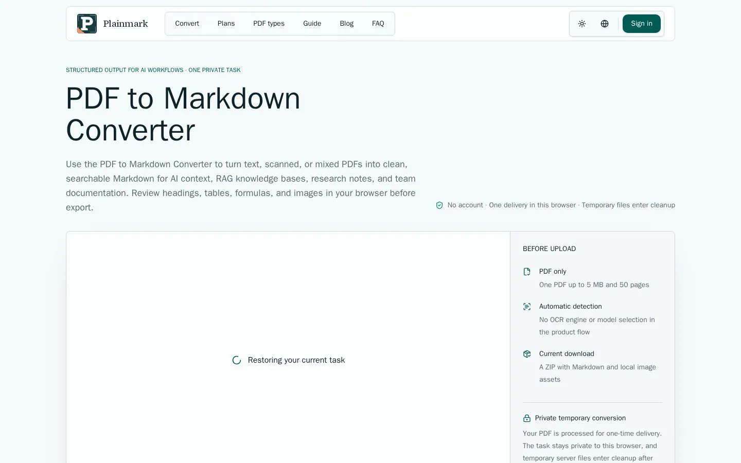 PDF to Markdown for AI Workflows website homepage